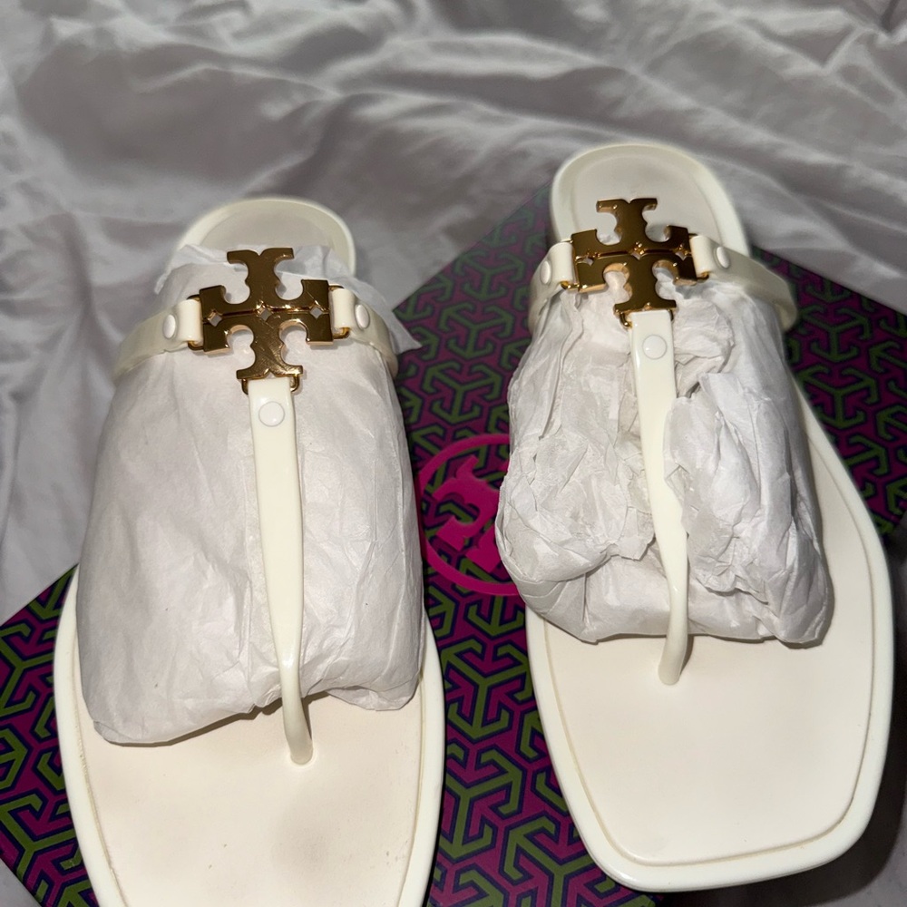 Tory Burch White and Gold Sandals